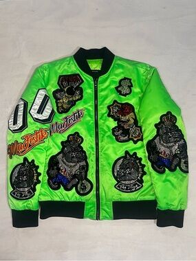 Majestik NY Unisex Neon Green Satin Bomber Jacket Size S